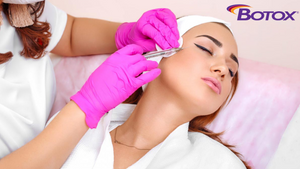 Girl having botox botulinum toxin injection on her face.
